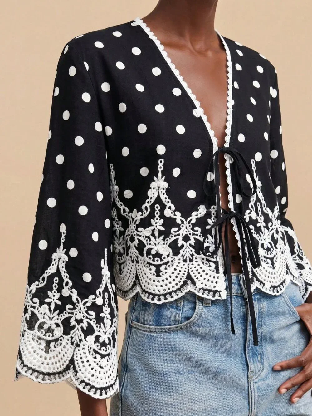 Black Boho Women's Polka Dot Print Embroidered Detail Long Sleeve Shirt